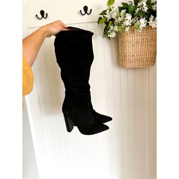 Express Faux Suede Pointed Toe High Heel Boots Black 7 - Picture 2 of 7